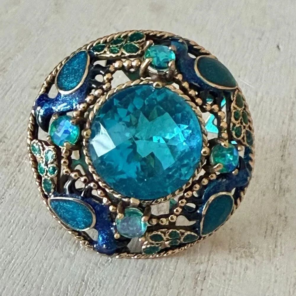Sajen Peacock Dome Ring Bronze Blue Enamel Crystal Statement Ring - Picture 3 of 13